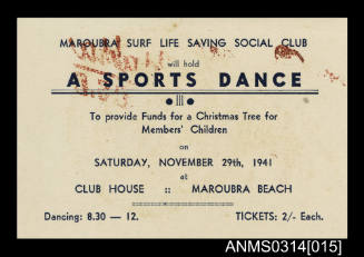 Card advertising a Sports Dance organized by the Maroubra Surf Life Saving Social Club