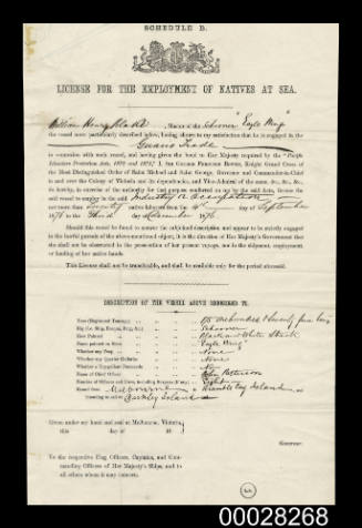 Licence for the Employment of Natives at Sea given to the master of the schooner EAGLE HAWK