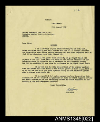 Letter regarding Captain Duns' purchase of Gas Oil instead of Light Diesel Oil