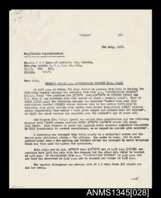 A letter and accompanying documents in regards to medical aid given to SS SOUTHWESTERN VICTORY by doctors on the ARAMAC