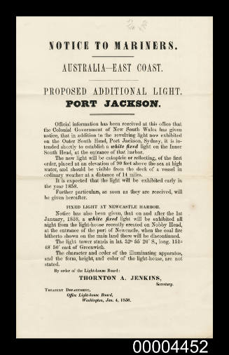Notice issued by the United States Lighthouse Board announcing a new light on the inner South Head of Port Jackson and at Nobbys Head