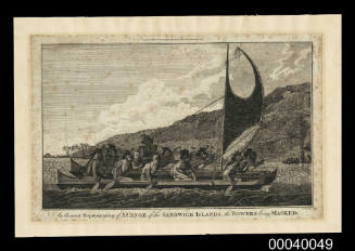 An accurate representation of a canoe of the Sandwich Islands the rowers being masked