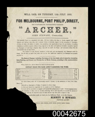 Printed shipping poster advertising the British barque ARCHER