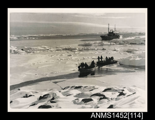 Relief party sailing through ice floes of Hope Bay