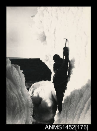 Xavier Mertz exploring the ice ravines near the expedition's main base at Cape Denison