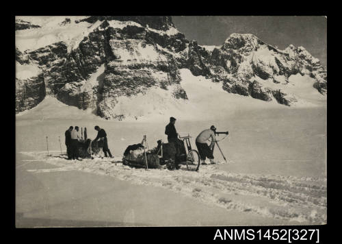 British Survey party at the base of Wall Mountain and the Sierra Du Fief, Port Lockroy