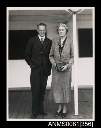 Retired shore staff 59. Lady anderson and MR E T [?] Anderson on board SS "Orion", date unknown.