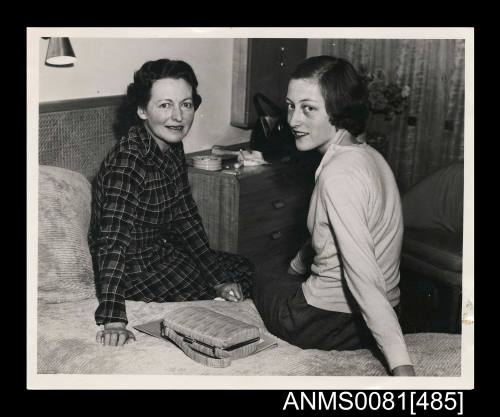 ORSOVA arrival - Lady Anderson and her daughter Contriona in their cabin. Lady Anderson is wife of Sir Colin (Anderson) Director of Orient Line, she launched the ORSOVA