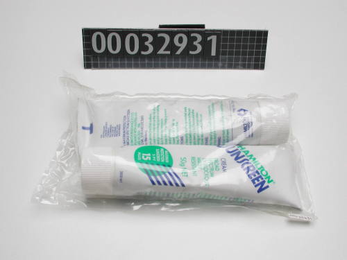 Two tubes of Hamilton sunscreen in a sealed plastic bag from a six person life raft emergency pack