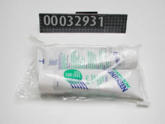 Two tubes of Hamilton sunscreen in a sealed plastic bag from a six person life raft emergency pack
