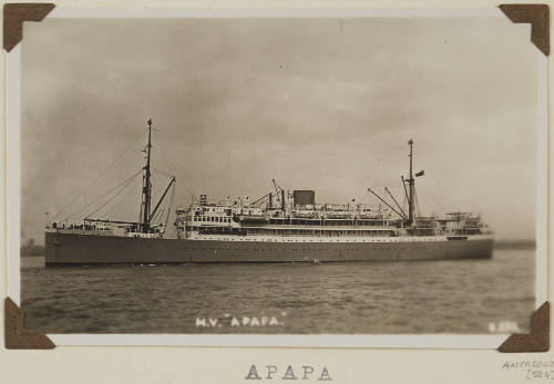 Photograph of  APAPA depicting port side of passenger ship under way off distant land on the starboard side