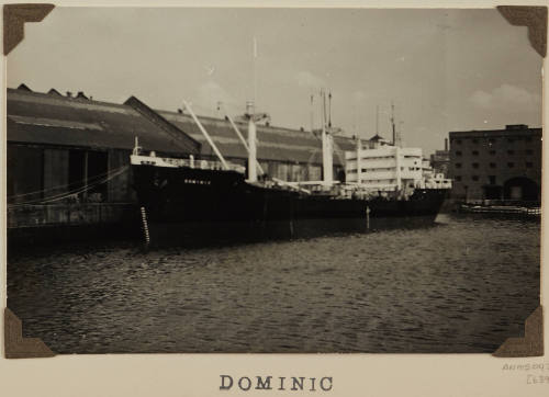 Photograph DOMINIC depicting bow and port side of  cargo ship berthed at wharf on starboard side