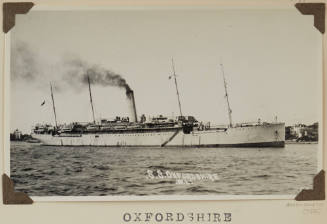 Photograph  OXFORDSHIRE depicting starboard side of passenger ship  at anchor in harour