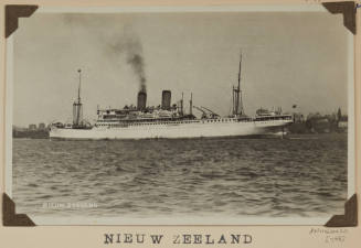 Photograph  NIEUZEELAND depicting stern and port side view of passenger ship  under way off shore/ buildings on starboard side