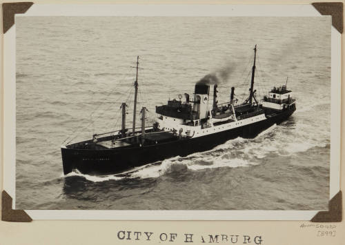 CITY OF Hamburg depicting bow and port side view  of cargo ship  under way at sea