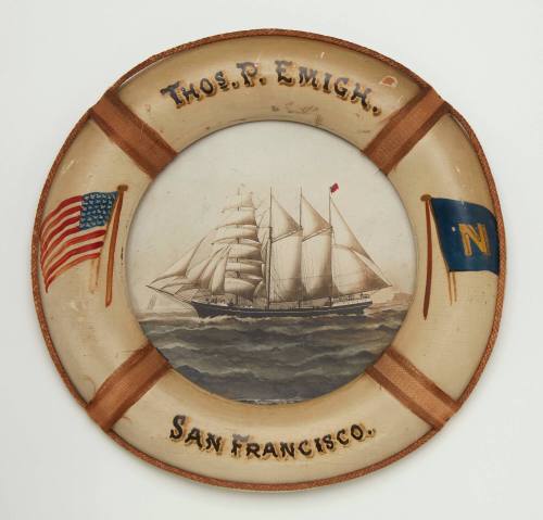 Miniature lifebuoy with an image of the schooner THOMAS P EMIGH of San Francisco