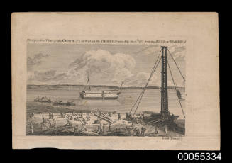 Perspective view of convicts at work on the Thames, drawn May 8th 1777 from the Butt at Woolwich