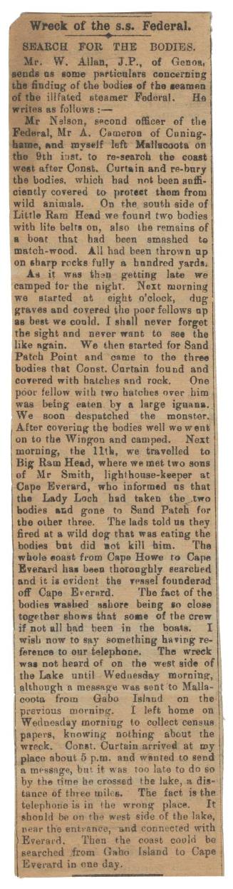 Newspaper clipping relating to the loss the SS FEDERAL and the search for bodies of the crew