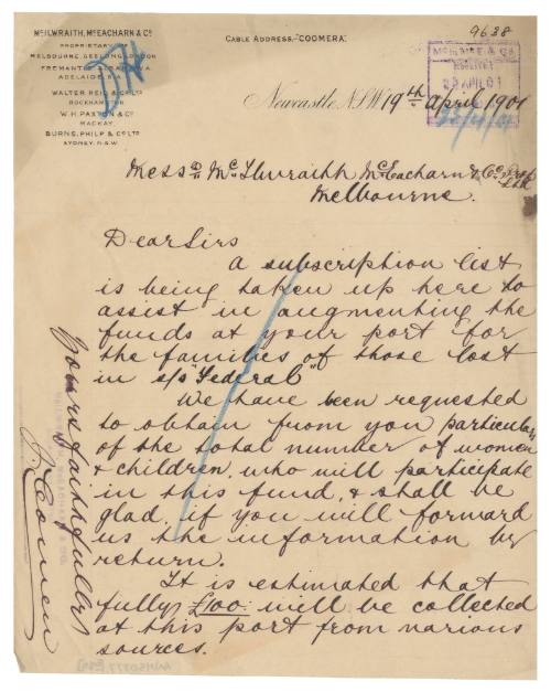 Letter about the fund to assist the families of the late crew of SS FEDERAL