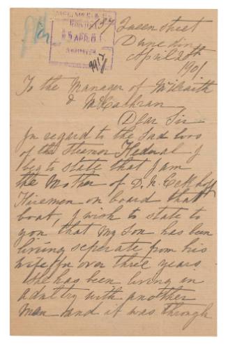 Letter and newspaper clipping regarding the divorce of a crew member of the SS FEDERAL and relief funds