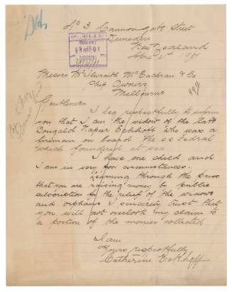 Letter about relief funds for family of SS FEDERAL crew