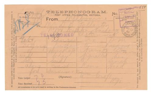 Telephonogram regarding wreckage from SS FEDERAL