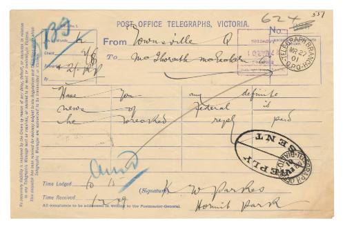 Telegram requesting information about the fate of the SS FEDERAL