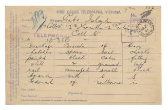 Telegram from Gabo Island’s light keeper regarding the wreckage of SS FEDERAL