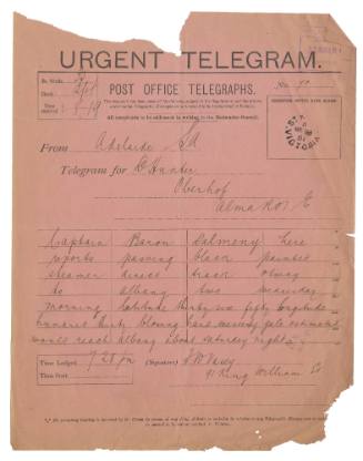 Telegram advising of report of steamer sailing from Otway to Albany