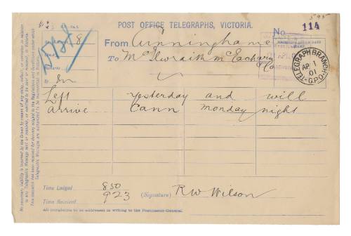 Telegram advising that Mr Wilson would be at Cann following the loss of SS FEDERAL