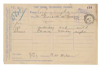 Telegram advising that Mr Wilson would be at Cann following the loss of SS FEDERAL