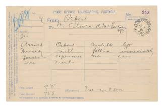 Telegram advising of Mr Wilson’s arrival in Orbost following loss of SS FEDERAL