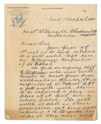 Letter requesting the return of a watch if found following the loss of SS FEDERAL