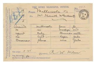 Telegram informing of Wilson’s arrival at Mallacoota to report on wreckage of SS FEDERAL