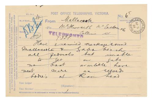 Telegram regarding bodies and wreckage from SS FEDERAL