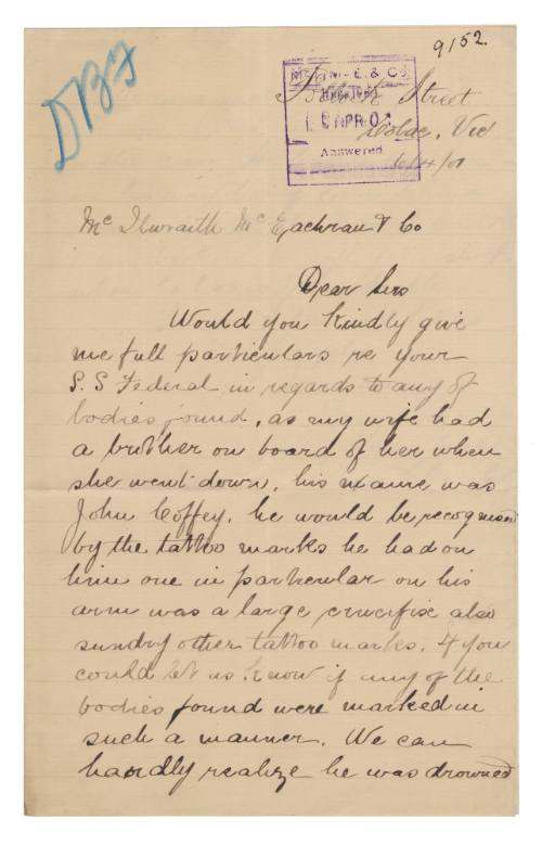 Letter requesting information about a passenger who was on board SS FEDERAL