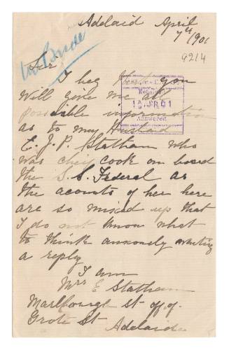 Letter requesting information the cook on SS FEDERAL