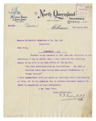 Letter about insurance related to the loss of SS FEDERAL