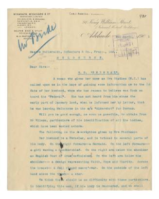 Letter requesting information about a passenger on SS Federal