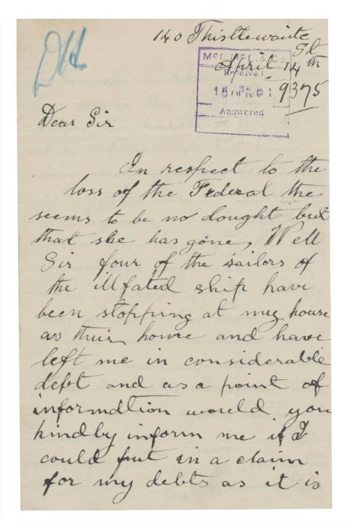 Letter relating to the loss of SS FEDERAL