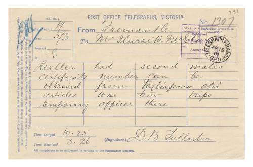 Telegram relating to the loss of SS FEDERAL