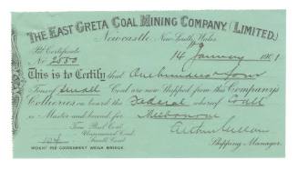 Pit certificate certifying that 104 tons of small coal were shipped on SS FEDERAL