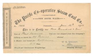 Pit certificate certifying that five hundred and ten tons of coal were shipped on SS FEDERAL