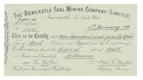 Pit certificate certifying that nine hundred and ninety tons of coal were shipped on SS FEDERAL