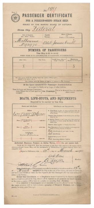 Passenger certificate issued by The Marine Board of Victoria for the SS FEDERAL