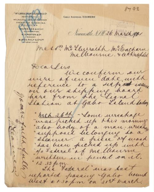 Letter confirming findings of wreckage and a body and the last sighting of the SS FEDERAL