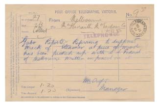 Telegram about a report from Gabo Island on the loss of SS FEDERAL