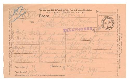 Telephonogram from Gabo Island about the loss of SS FEDERAL