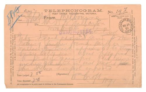 Telephonogram from Gabo Island about the loss of SS FEDERAL