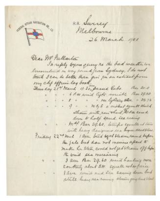 Letter from the Master of SS SURREY regarding weather in the days prior to the loss of SS FEDERAL